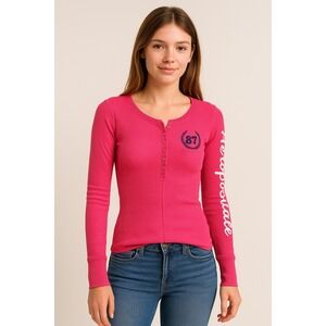 Y2K Aeropostale 87 Logo Hot Pink Ribbed Henley Long Sleeve Top Womens Preppy LRG